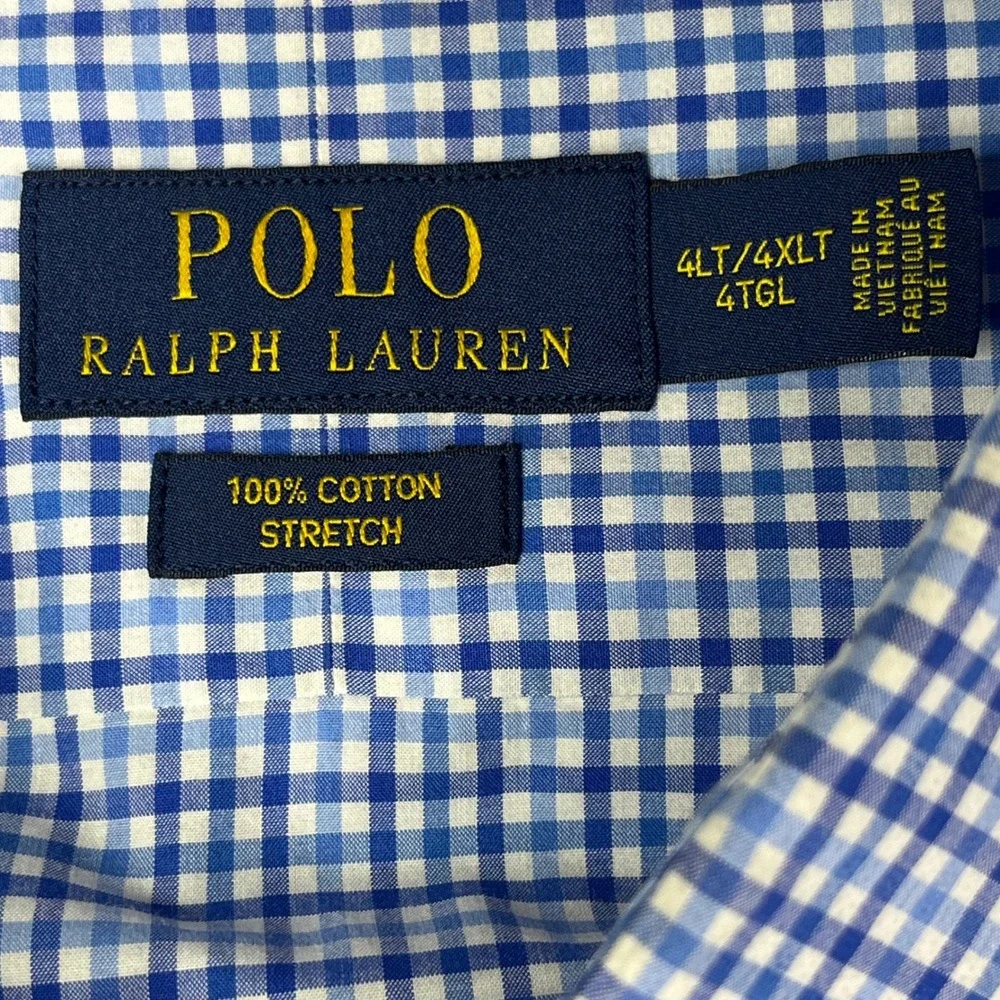 Polo Ralph‎ Lauren Blue Gingham Check Button Down Shirt 4XLT Big Tall Stretch